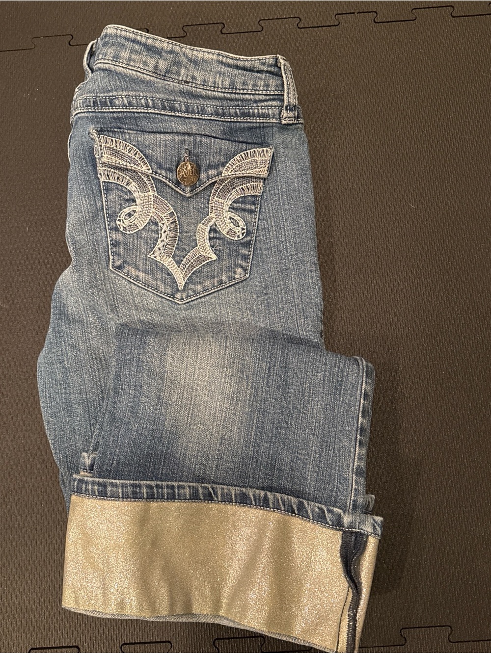 Women’s Light Blue Boot Cut Jeans with Embroidered Pocket and Metallic Cuff